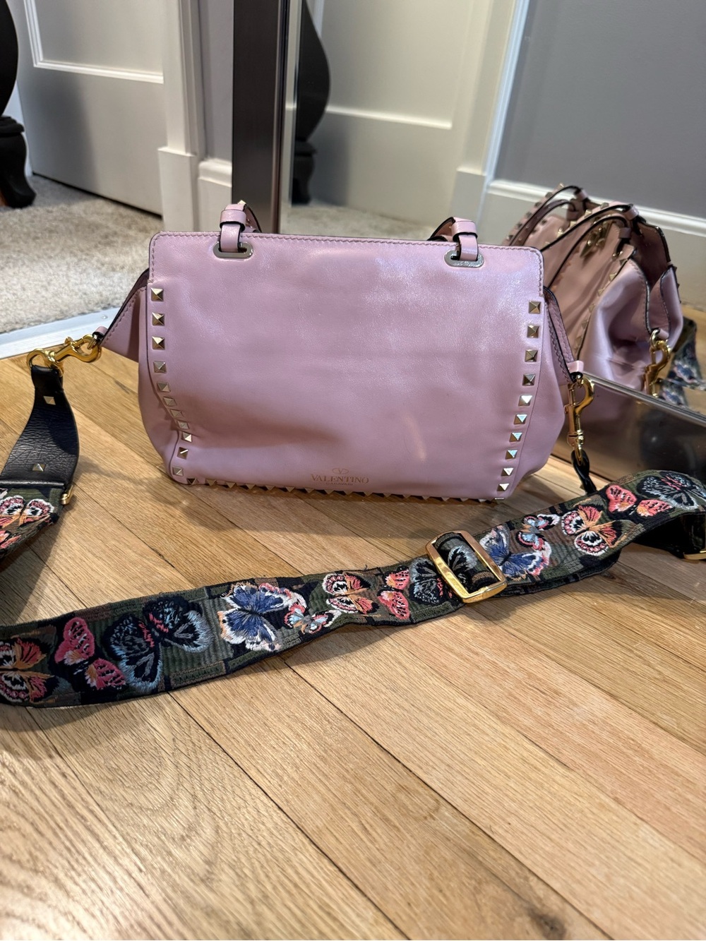 Valentino Pink Rockstud Crossbody with Embroidered Strap